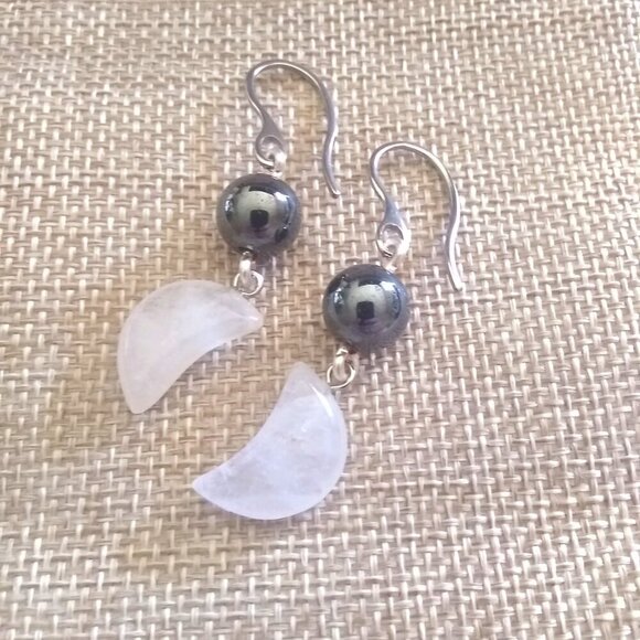 Emotional Balance: Handmade Quartz Moon & Hematite Dangle Earrings - Picture 2 of 9